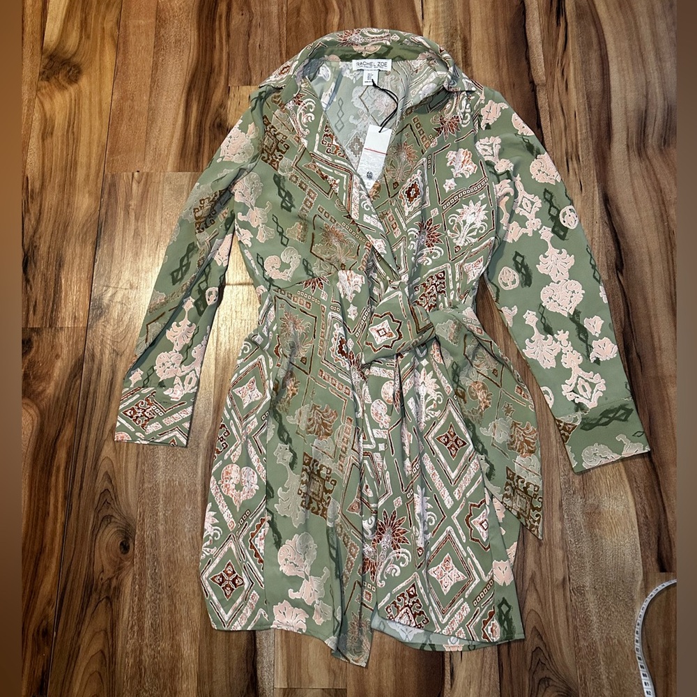 Rachel Zoe Wrap Dress Green Boho Print Long Sleeve Belted Tunic NWT Small - Picture 2 of 9